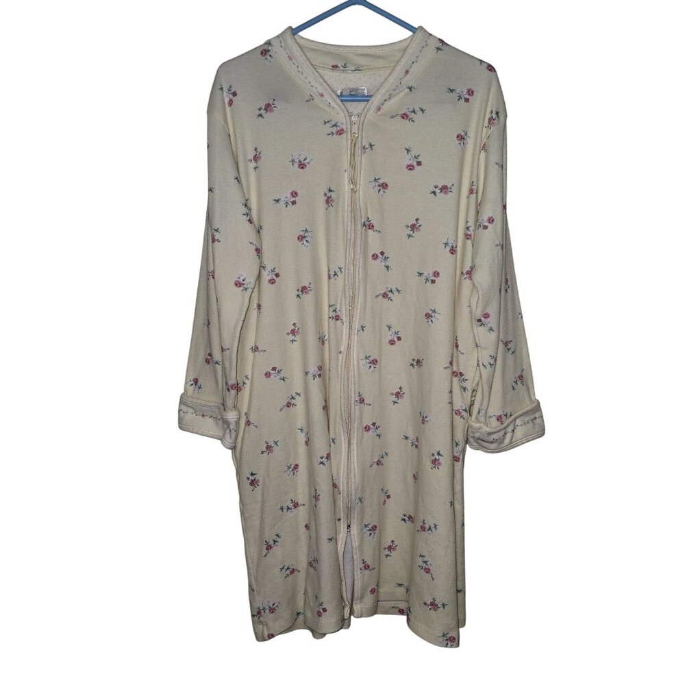 Vintage Aria Floral Soft Zip-Up Nightgown Long Sleeves Pocket LARGE Cottagecore